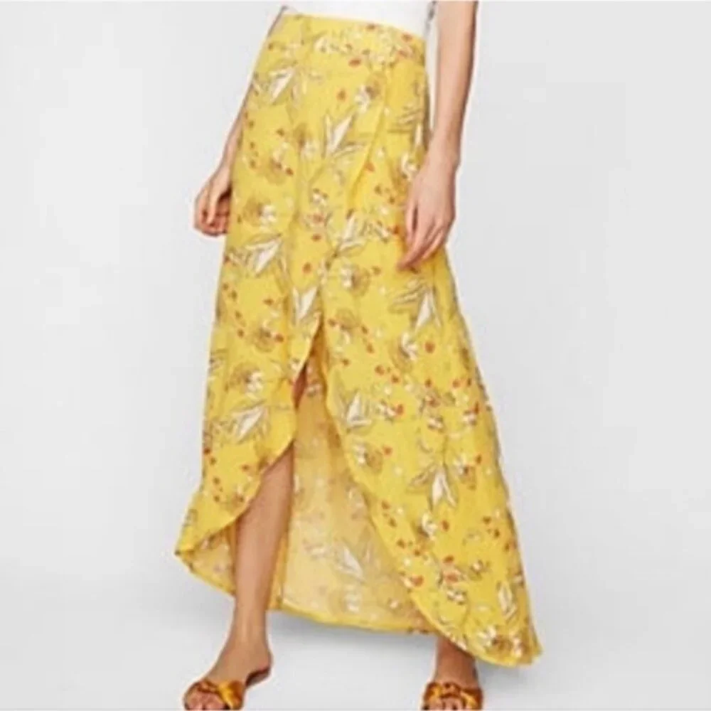 Express Floral Wrap Pull On Maxi Skirt Size Small Olive Green Careerwear Office